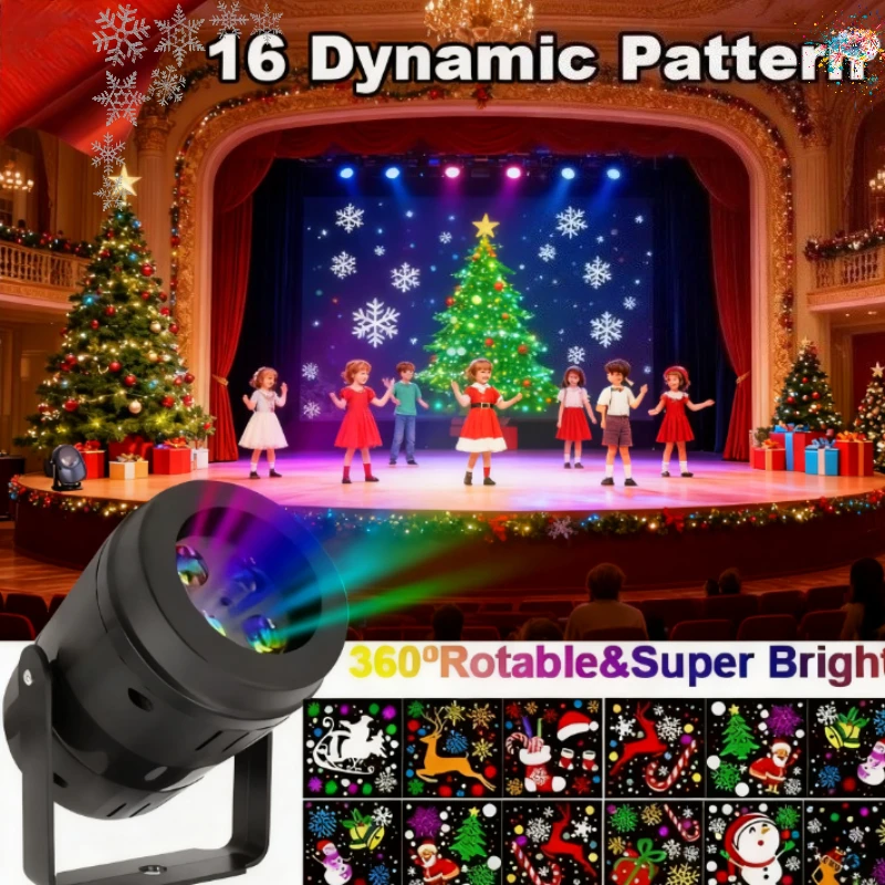 Projektor Świąteczny z 16 Wzorami, Efekt Świetlny na Scenę, Wielodynamiczne Światło Dekoracyjne, Zasilane przez USB, Projekcja na Sufit i Ścianę