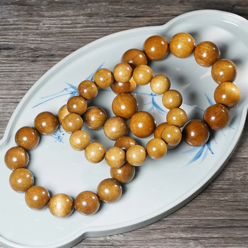 Golden Phoebe Prayer Bead Bracelet Gold Base Straight Grain Wood Strand Unisex Wrist Jewelry for Meditation Gifts