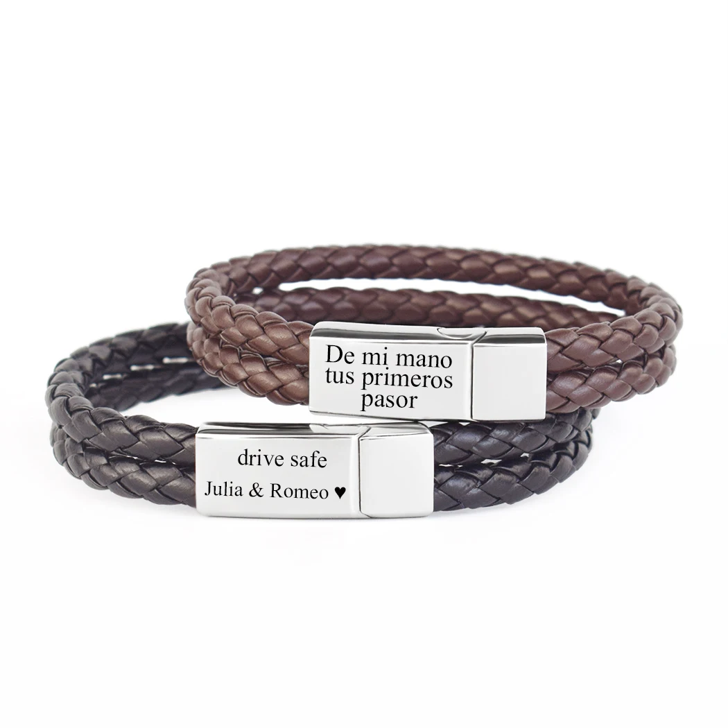 Personalize Your Text Bracelet Bangle Custom Code Men Genuine Leather Braided Bracelet Engraved Creative Gift