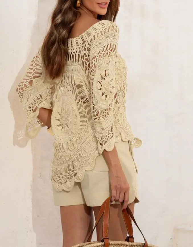 

Women's Two-Piece Set 2025 Women's Hollow-Out Contrast Two - Piece Set Boat Neck Top with Shorts Stylish Outfit for Summer Beach