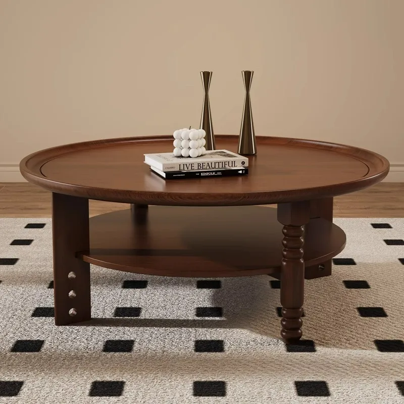 olid wood coffee table, round American tea table, small black table, small apartment, living room coffee table 2024 new