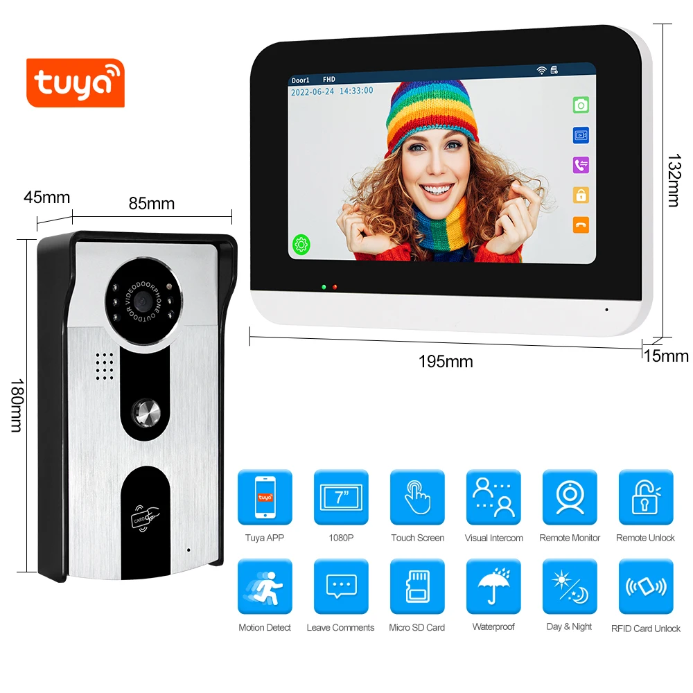 2.4G WiFi Tuya Video Intercom System Kit 7'' 1080P HD Touch Color Screen Monitor + RFID IR Night Vision Outdoor Camera for Home