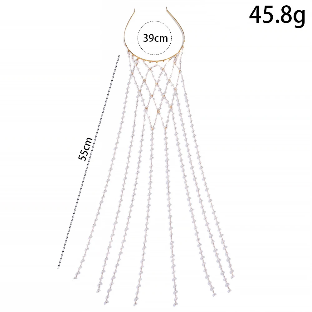 Boho Imitation Pearl Hair Chains Wedding Headpiece Grid Draping Back Veil Elegant Palace Style Photo Prop Headwear
