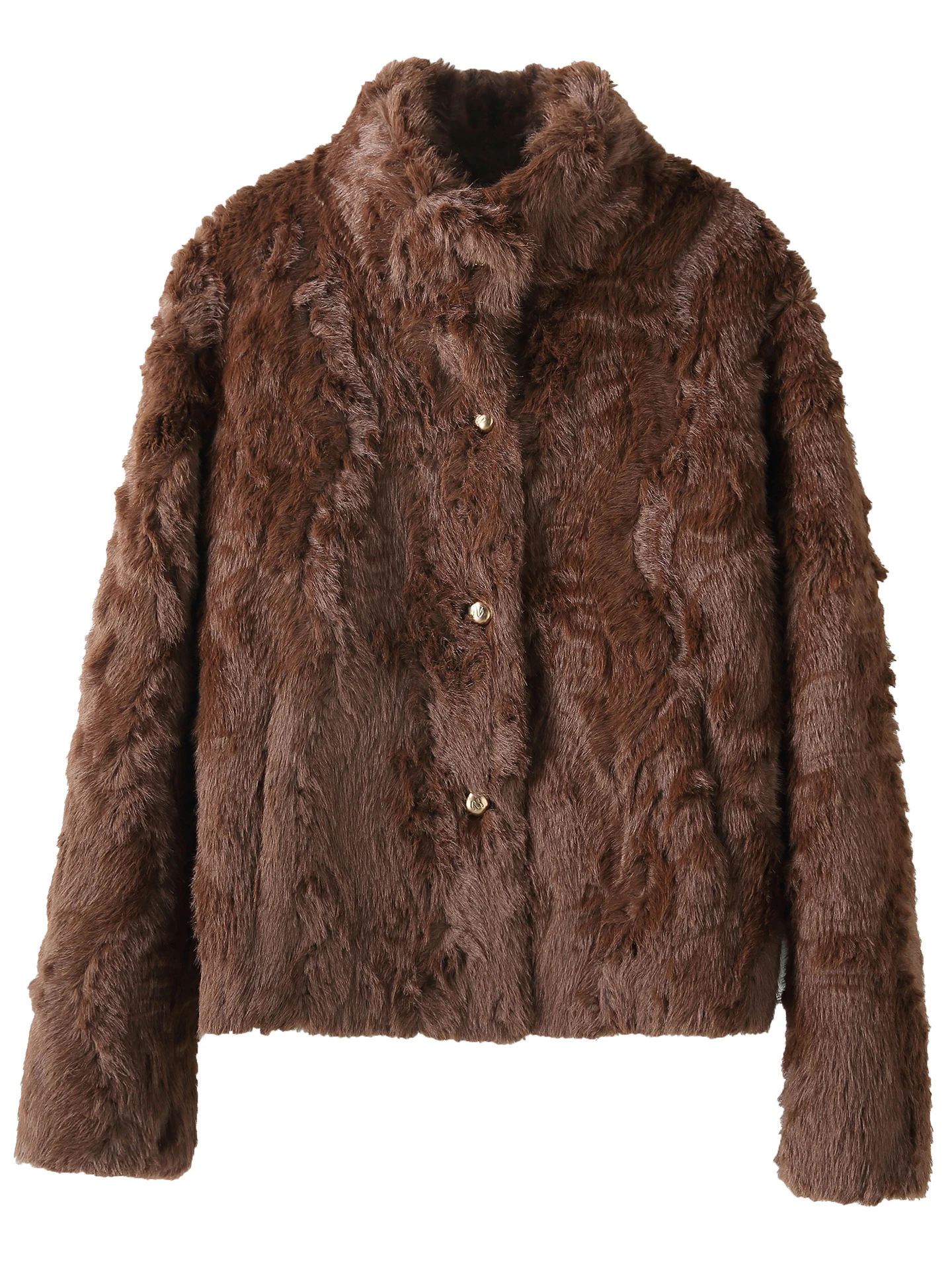 Cappotto Corto da Donna in Pelle Marrone con Pelliccia Integrata, Collo Alto, in Ecopelle di Pecora, Stile Pendolare, Imbottito