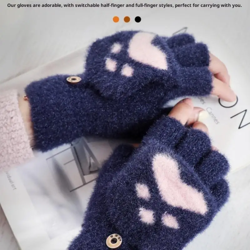Dicke warme Katzenhandschuhe für Damen, modische Katzenpfoten-Plüschhandschuhe für Mädchen, weiche Plüsch-Kurzhandschuhe, fingerlose Winterhandschuhe. – Detail 3