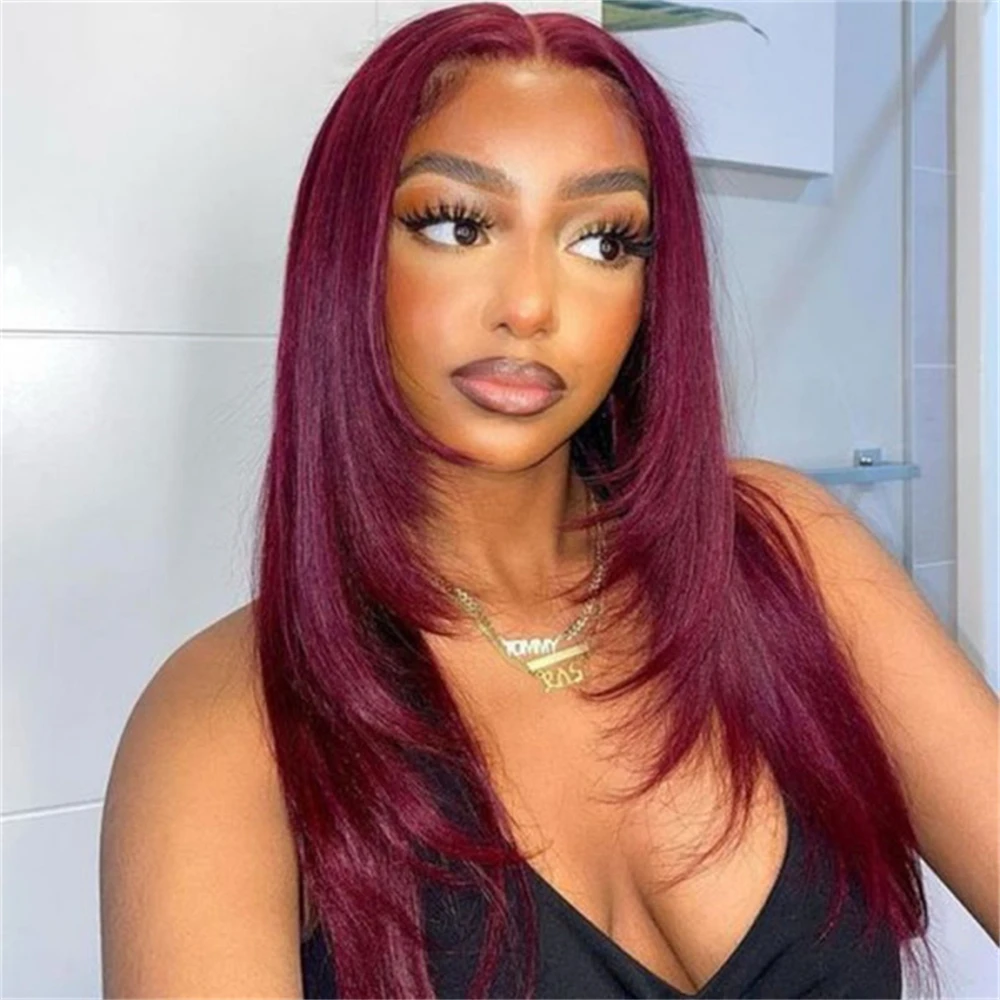 99J Layered Cut Straight Human Hair Wigs Burgundy Lace Front Wigs For Women Wig Brazilian 180% Density Hair Wig Pre-Plucked