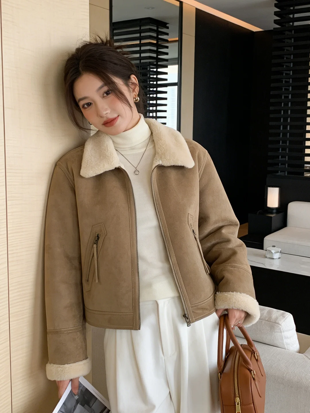 

2026 New American Sle Suede Lamb Fur Jaet Women's Retro Collar ort Coat Warmth Outerwear Korean Stand Size ket