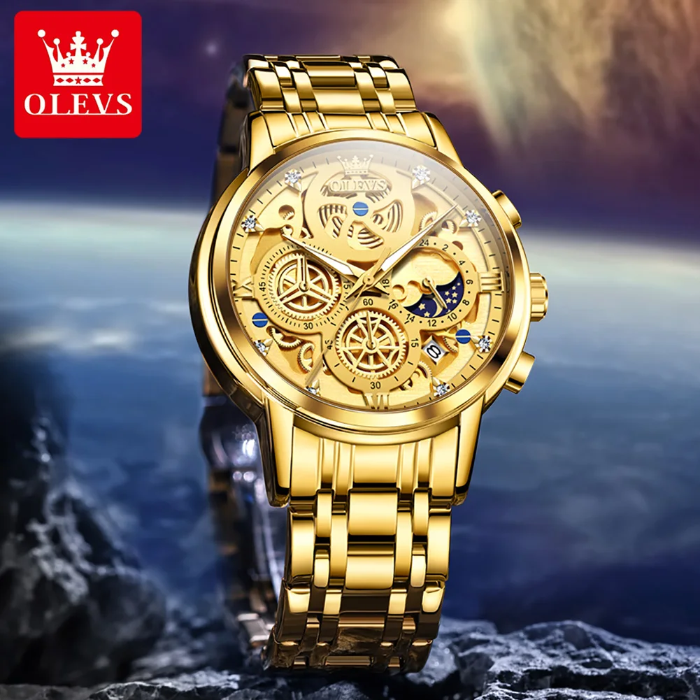 OLEVS Gold Skeleton Style Mens Watches Top Brand Luxury Waterproof Quartz Watch for Man 24 Hour Moon Phase Chronograph Wristatch