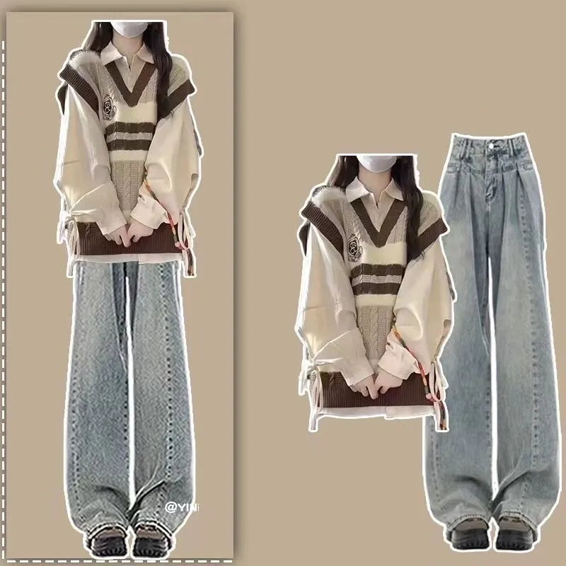 2024 Autumn/Winter Korean New Women's Set Shirt+Knitted Vest+Wide Leg Work Pants 3-Piece Set Trendy