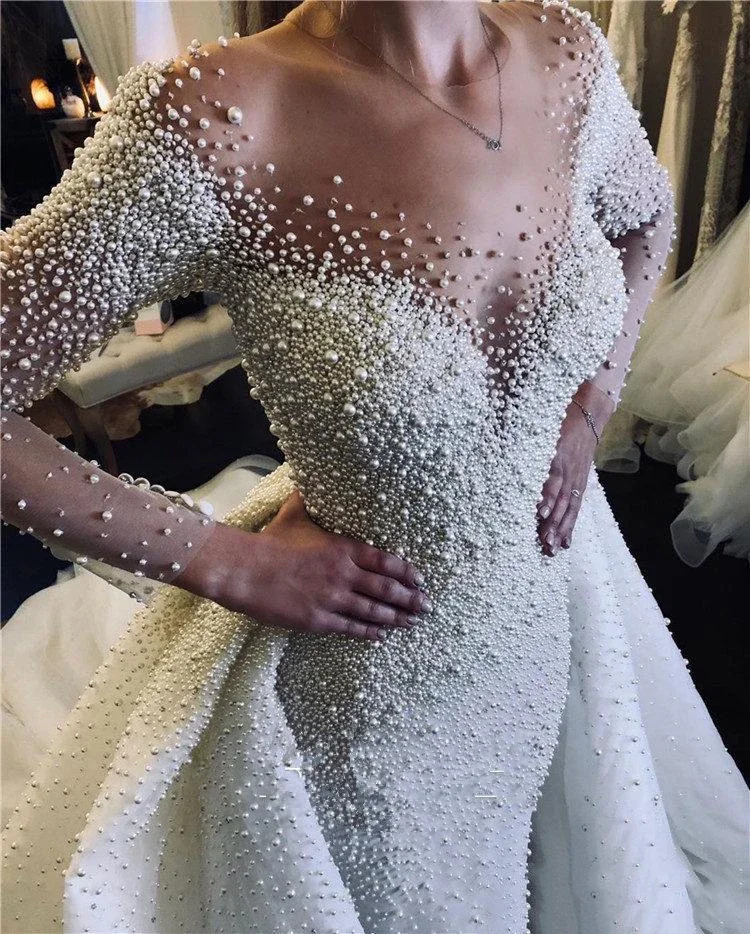 

Customized Luxury Full Pearl Beaded Mermaid Wedding Dresses With Detachable Train Vintage Long Sleeves Saudi Arabic Plus Size Br