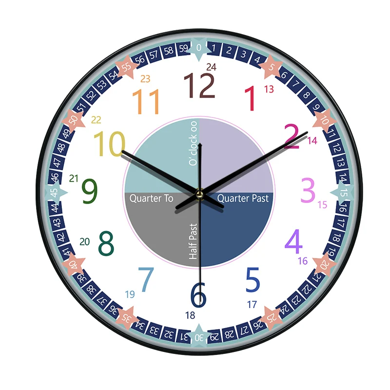Early Education Acrylic Wall Clock Cartoon Colorful Quartz Round Clock Study Room Kid's Room Acrylic Plate Hanging Clocks Decor