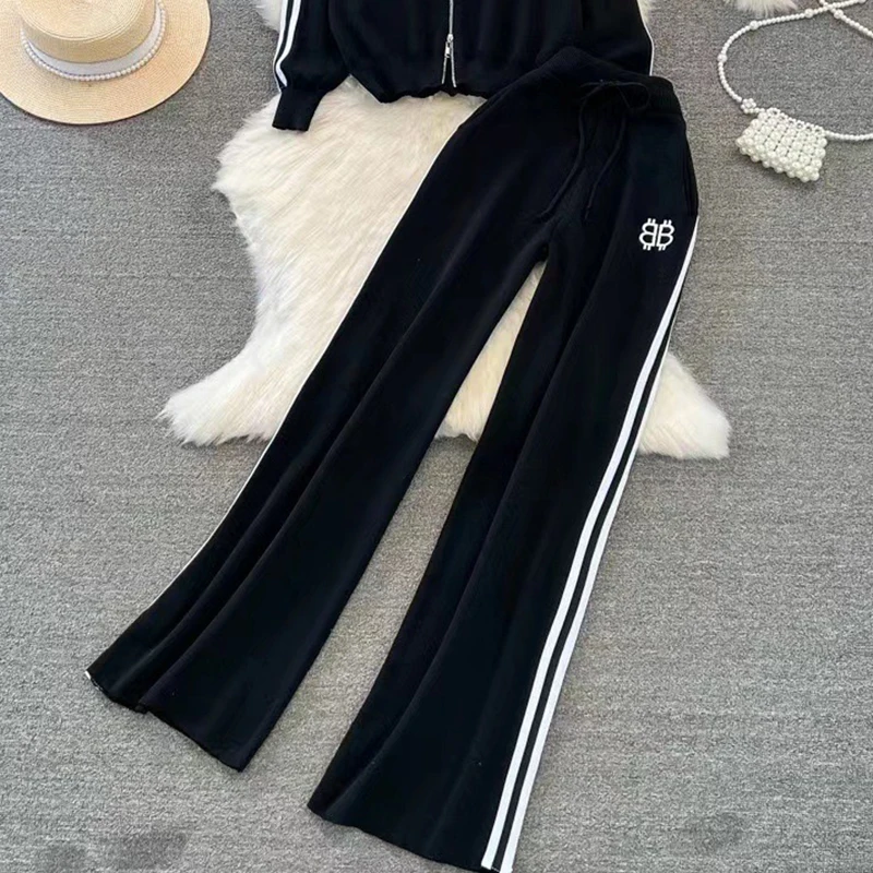 Casual Side Stripe Knitted Women Tracksuit Korea Jackets Sweatcoats Tops Two Piece Sets Lace-up High Wiast Wide Leg Pants Outfit