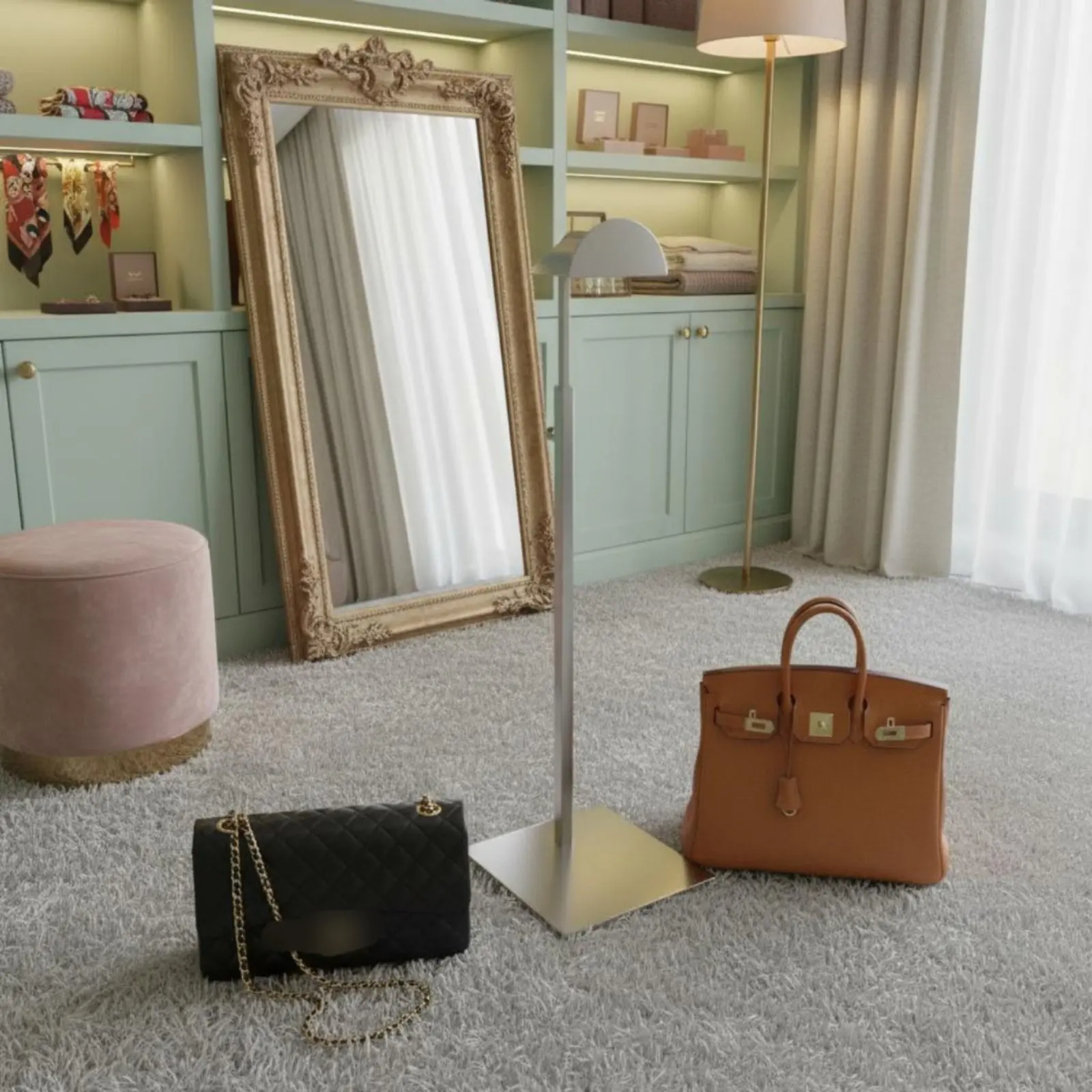 

Stainless Steel Handbag Rack Modern Design Metal Bag Holder Metal Handbag Holder Sturdy Duty Countertop Purse Display Stable