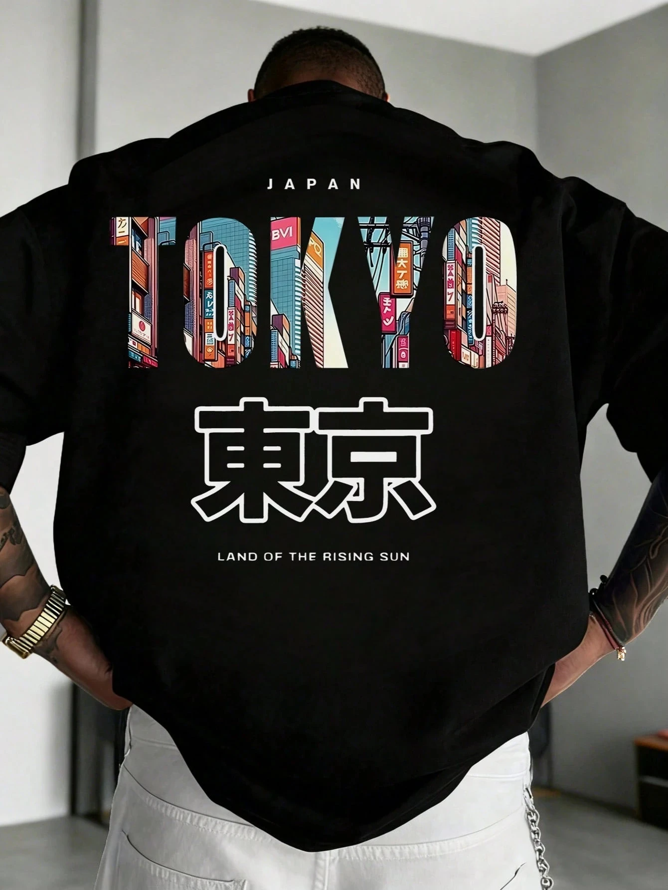 2026 New Parent‑Child Matching Oversize T‑Shirt Tokyo City Building Letter Dual‑Side Print Japanese Urban Streetwear Cotton Tee