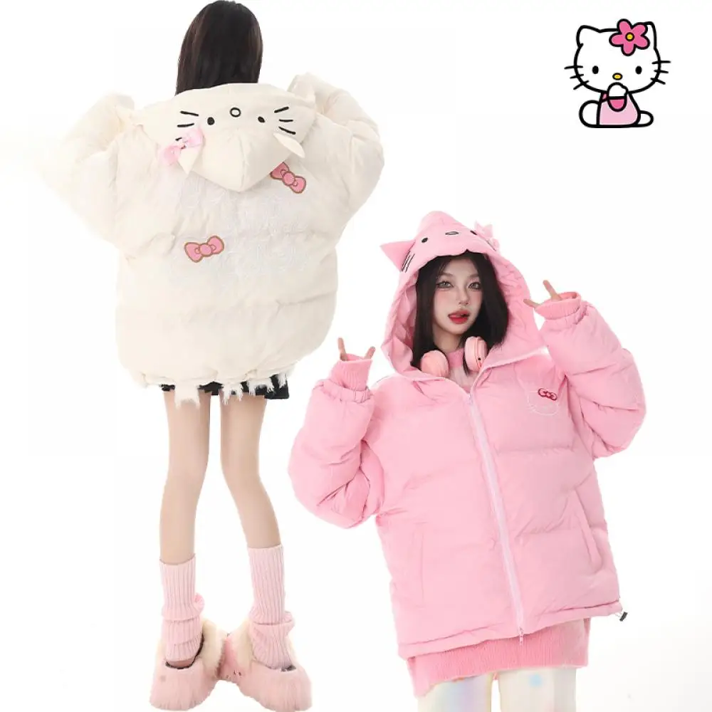 Y2K Hello Kitty ผู้หญิงลงเสื้อแจ็คเก็ตอะนิเมะ Sanrio Kawaii ฤดูหนาวผ้าฝ้ายหนาเสื้อผ้าน่ารักเสื้อนักเรียนเสื้อหลวมกีฬาหวาน