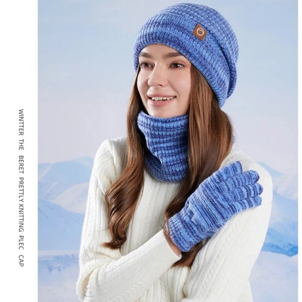 في الهواء الطلق الشتاء قبعة قفازات وشاح مجموعة سميكة الصوف بطانة النساء Skullcap التدرج اللون محبوك الدراجات بيني #3