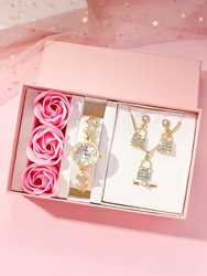 4 Pieces/Set: 1 Gold Women's Fashion Polygon With Rhinestone Chain Quartz Watch With A Square Jewelry Diamond Ring Gift Set