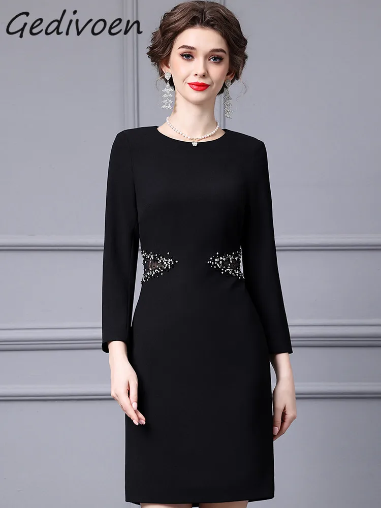 Gedivoen Autumn Fashion Designer Black Luxury Party Dress Women's O Neck Diamond Hollow Out High Waist Slim A-LINE Long Dresses