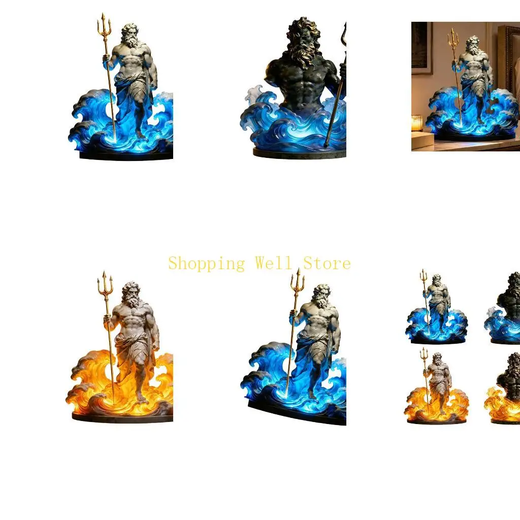 KX4B LED Greek Sea God Statue Lamp with USB Cable, Contoured Water Base and Antique Bronze-Look Finish for Indoor Display