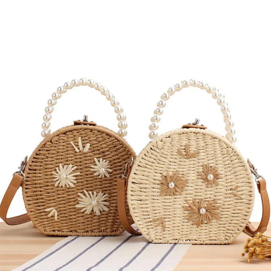 New Ladies Flower Bead Designer Straw Bag Cute Rattan Woven Handbag Rattan Travel Summer Vacation Small Round Beach Shoulder Bag