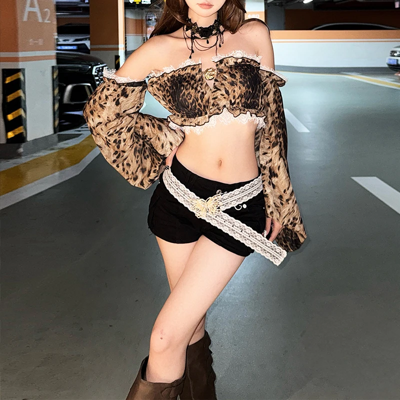 

BKLD леопардовый принт контрастного цвета без бретелек с длинными рукавами и открытой спиной с открытыми плечами сексуальные модные ультра короткие топы Rave Party Wear