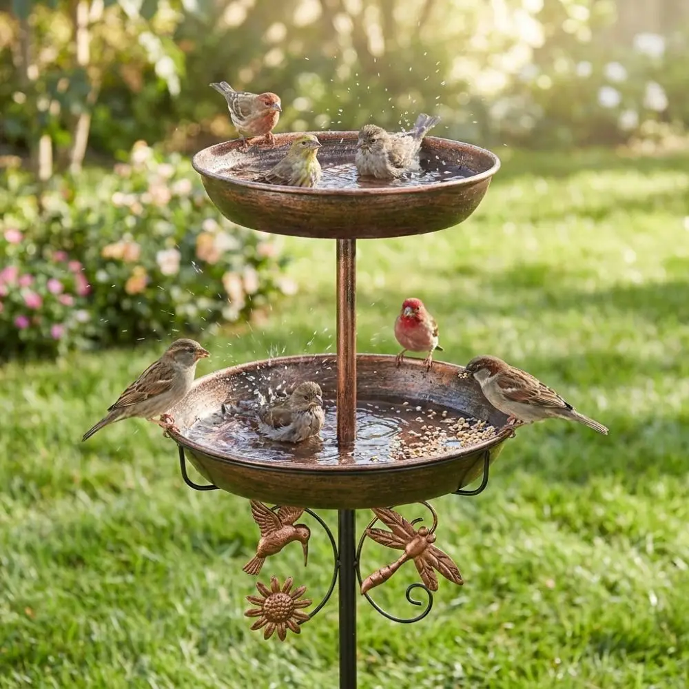 Double Layer Metal Garden Birdbath Vintage Standing Rust-Proof Bird Water Drinker Sturdy 5-Pronged Base Animals Drinking Tray