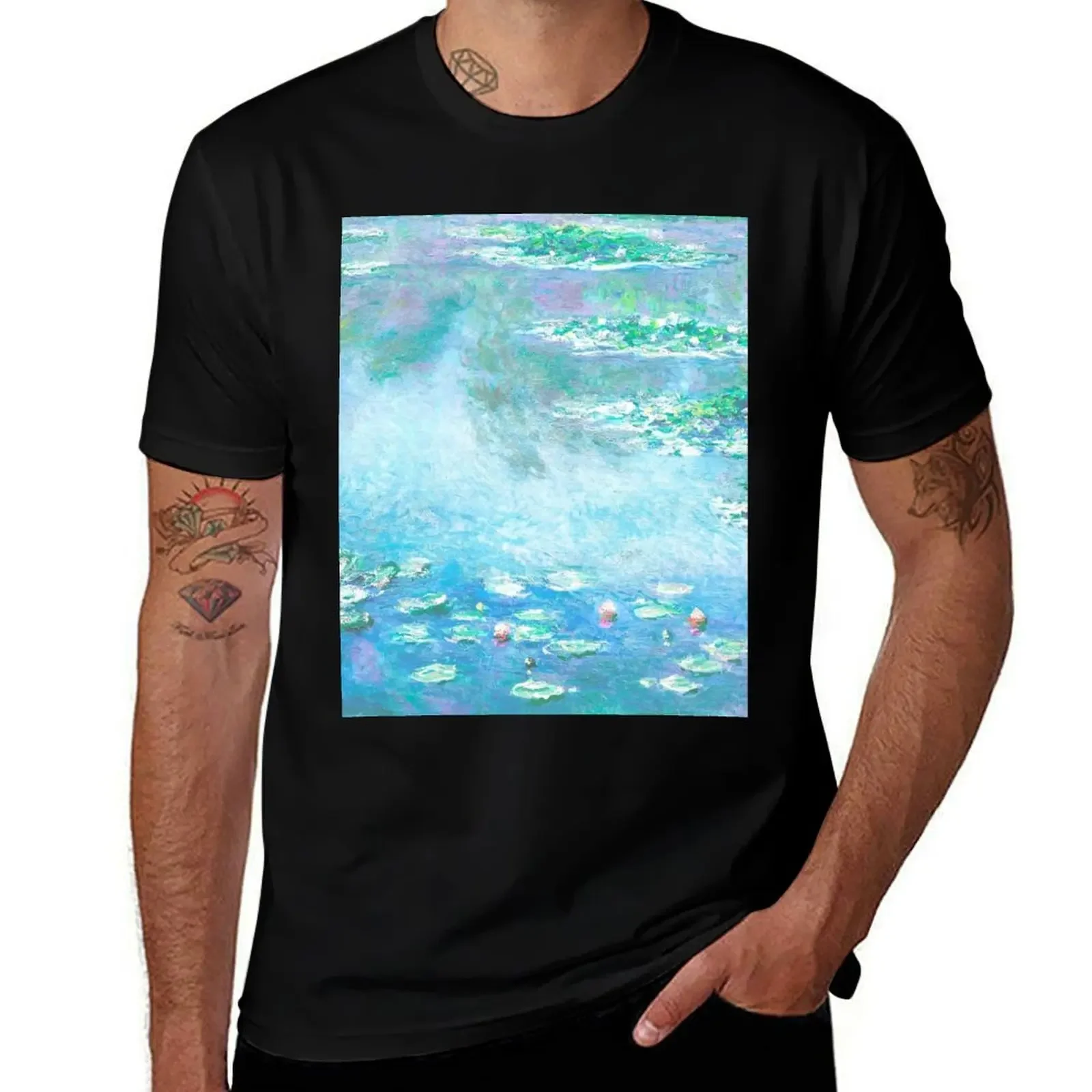 Claud Monet Aqua Water Lilies French Impressionist Painting T-Shirt blue archive graphic t shirt vintage mens t shirts pack