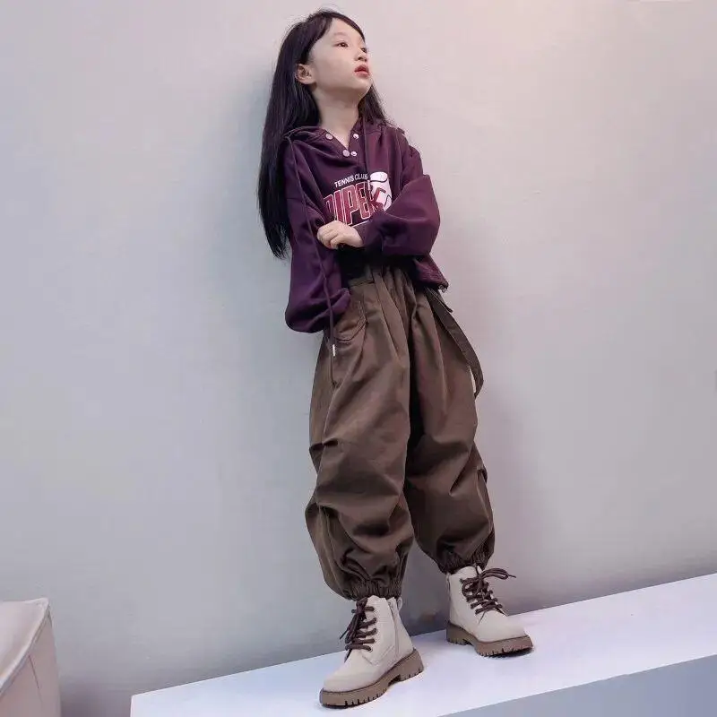 

Корейский комплект с капюшоном для девочек: толстовка и брюки карго из мягкого материала для девочек среднего возраста, повседневная модная стильная одежда