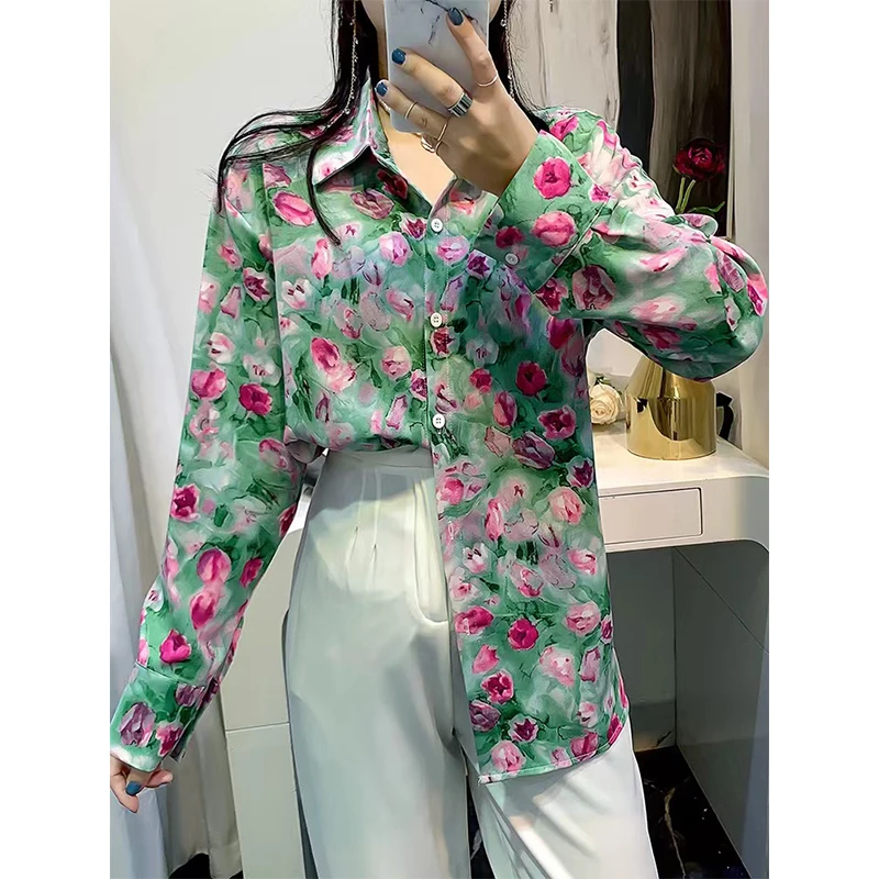 Women Spring Korean Fashion Loose printing Turn-down Collar Long sleeve Shirts women clothes Casual All-match office Lady tops