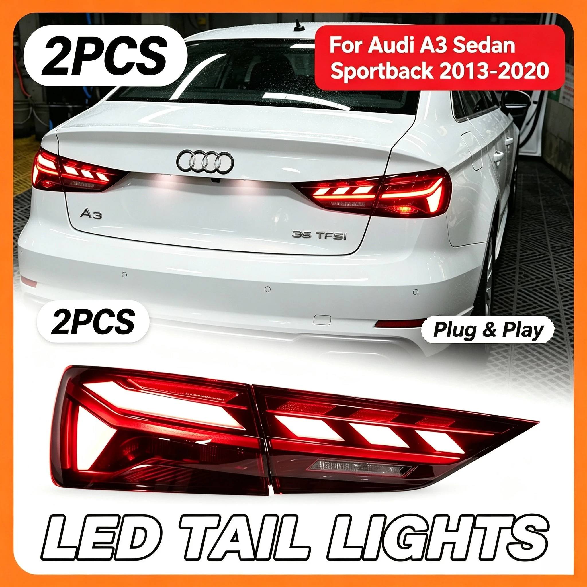 2 Stück LED-Rückleuchten-Set für Audi A3 Limousine Sportback 2013-2020 mit sequenzieller Blinkfunktion, Brems- und Rückfahrlicht, Plug-and-Play-Rückleuchte