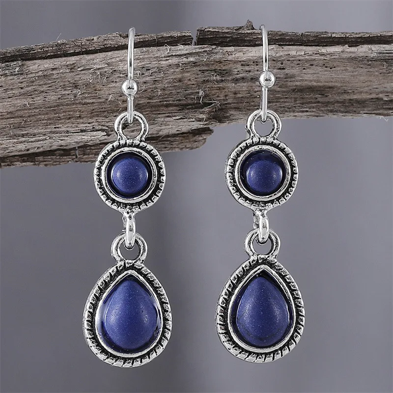 DIY accessories Cross-border new retro ethnic pattern water drop pendant earrings, fashionable and simple turquoise alloy earrin