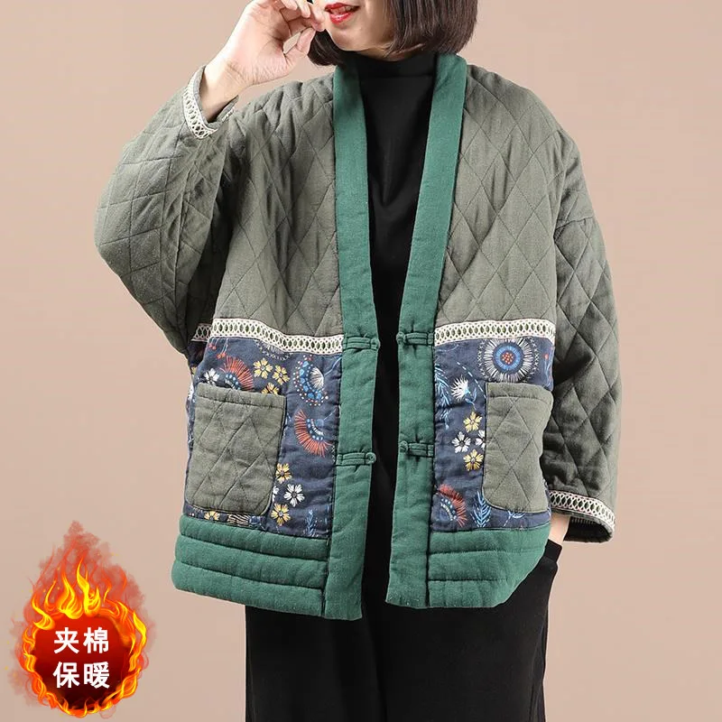 winter new Ethnic wind cotton and linen print cotton-padded jacket women Vintage Dial buckle Long sleeve outerwear female R483