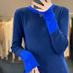 Women Autumn Winter Fine Wool Sweater O-neck Knitted Splicing Contrasting Colors Pullover Female Casual Slim Bottoming ​Top