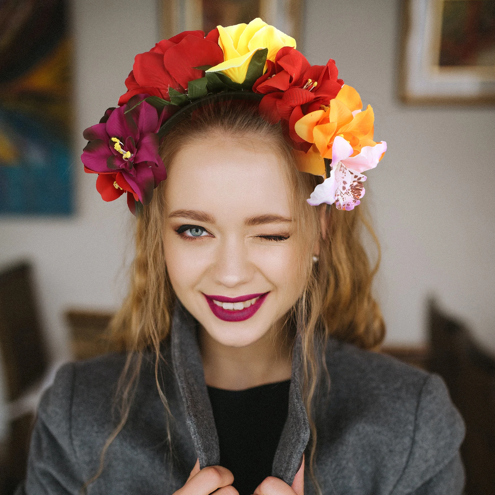 

1PC Festival Floral Halloween Party Hair Hoop Bridal Accessories Lightweight Rose Headband Boho Mexican Women Flower Hair