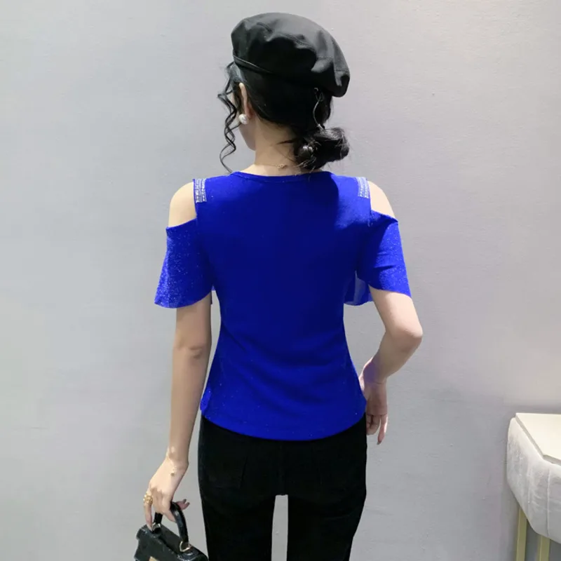 #5357 Black Blue Mesh Tshirt Ruffles Off spalla T Shirt donna diamanti Sexy sottile Skinny Tshirt femminile estate Top Femme scollo a v