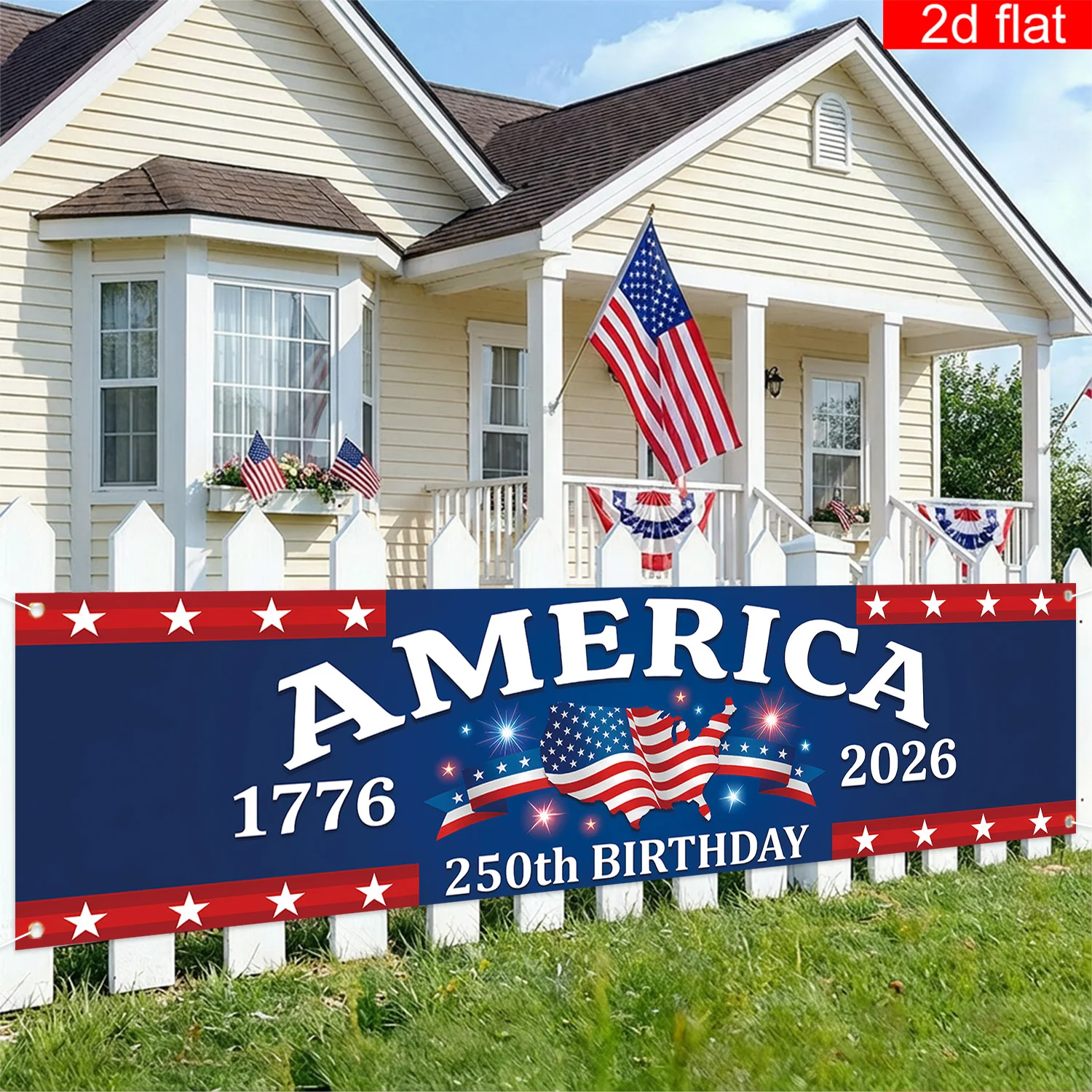 1 Stück 2026 Amerikanisches Gründungsjubiläums-Banner mit Sternen-und-Streifen-Motiv, Gartendekoration, Unabhängigkeitstag-Party-Deko, Veranda-Hängeflagge