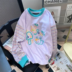 Cute O Neck Women Kawaii Animal Print Sweatshirt Hoodie Spring Long Sleeve Top Harajuku Y2k Patchwork Stiipe Streetwear Pullover