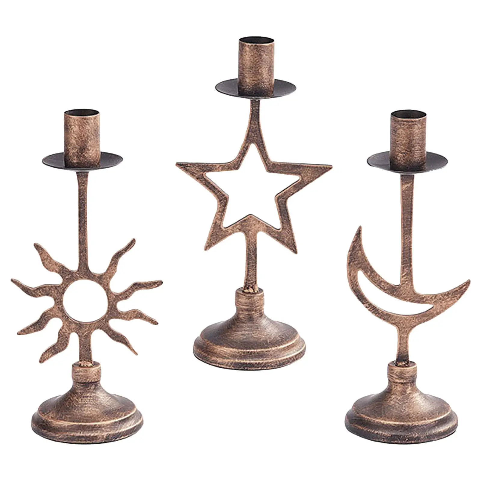 3Pcs Iron Taper Holder Set Vintage Artistic Sun Moon Star Motif Decorative Table Shelf Mantel Fireplace Rustic Decor view 4