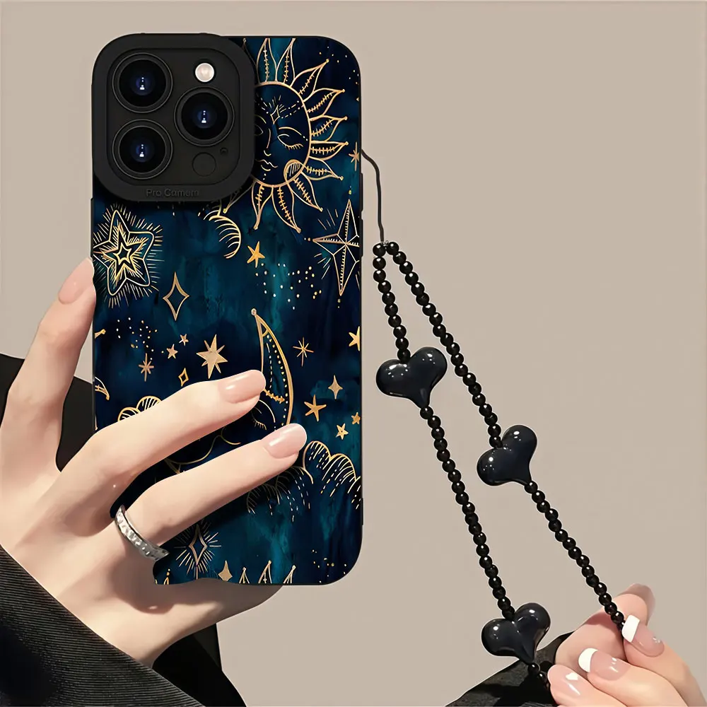 Luxury Sun Moon Star Phone Case For iPhone 17 16 15 14 13 12 11 Pro Max 8 15 16 14 Plus XS 16E TPU Anti-smudge With Strap Cover view 2