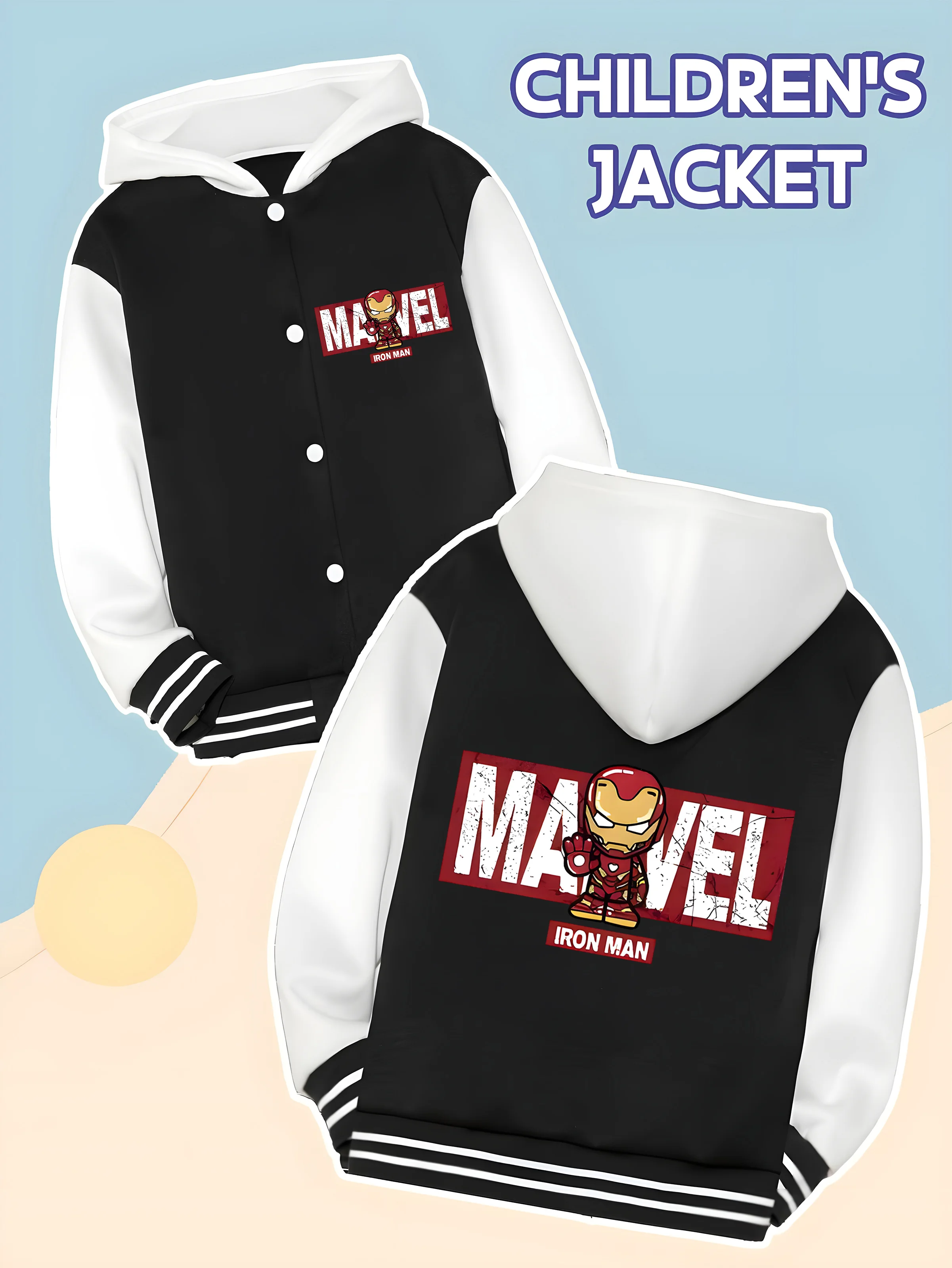 

MINISO Marvel Boys' Baseball hooded Jacket - Marvel Logo Iron Man, Double-Sided Graphic, Soft Fabric