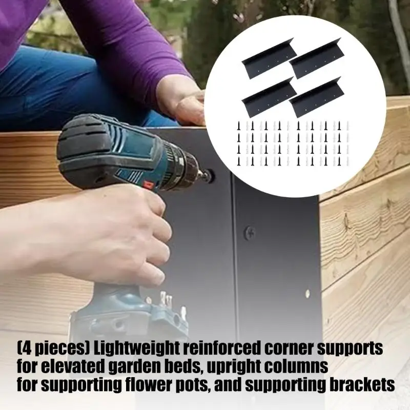 Gartenbox-Eckbeschläge, 4-teiliges Montageset aus schwarzem Metall in L-Form mit gebohrten Löchern für Hausgartenbau, B03E – Detail 10