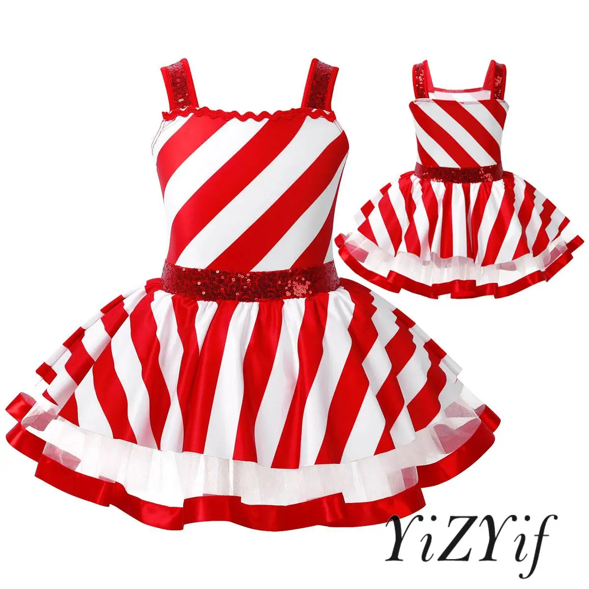 

Girls Candy Cane Mrs Santa Claus Costume Sequins Striped Ballet Dance Tutu Dress Leotard Figure Ice Skating Roller Skating Dress