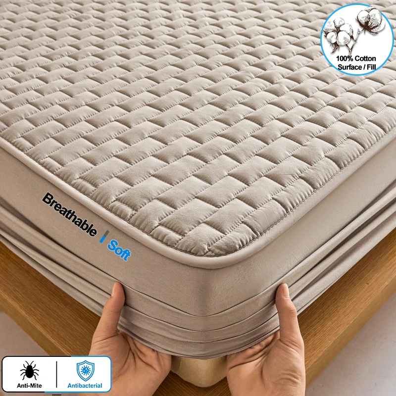 100% Cotton Surface & Fill Mattress Protector, Quilted Breathable Anti‑Mite Antibacterial Fitted Mattress Cover, Soft Silent