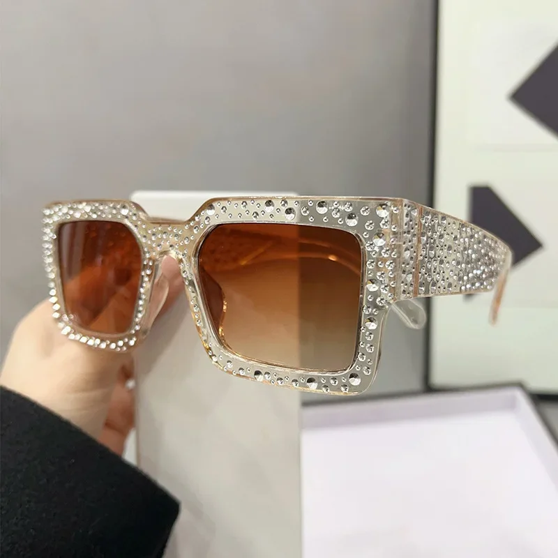 Modische quadratische Kristall-Sonnenbrille für Damen und Herren, Strass-Sonnenbrille mit quadratischen Diamanten, Retro-Sonnenbrille mit großem Rahmen, glitzernde Brille