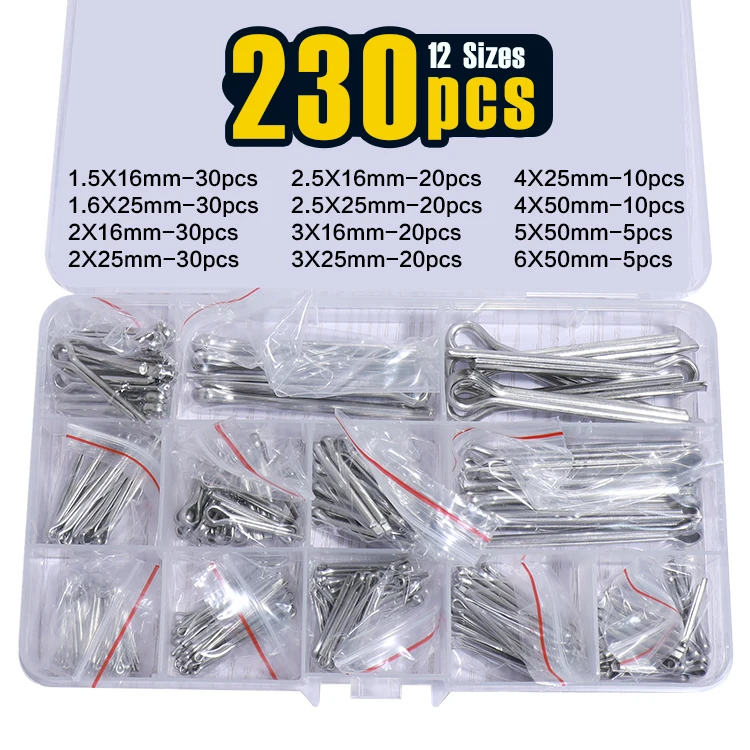 230Pcs Cotter Pin Assortment Kit J - Stainless Steel 12 Sizes Cotter Pin Set for Hitch Pin Lock Systems