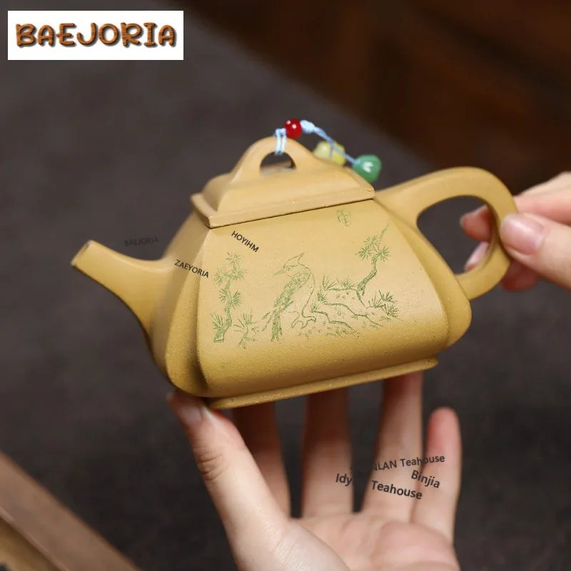 290ml Traditional Yixing Purple Clay Teapots Handmade Corner Square Pot Raw Ore Gold Section Mud Kettle Zisha Tea Set Craft