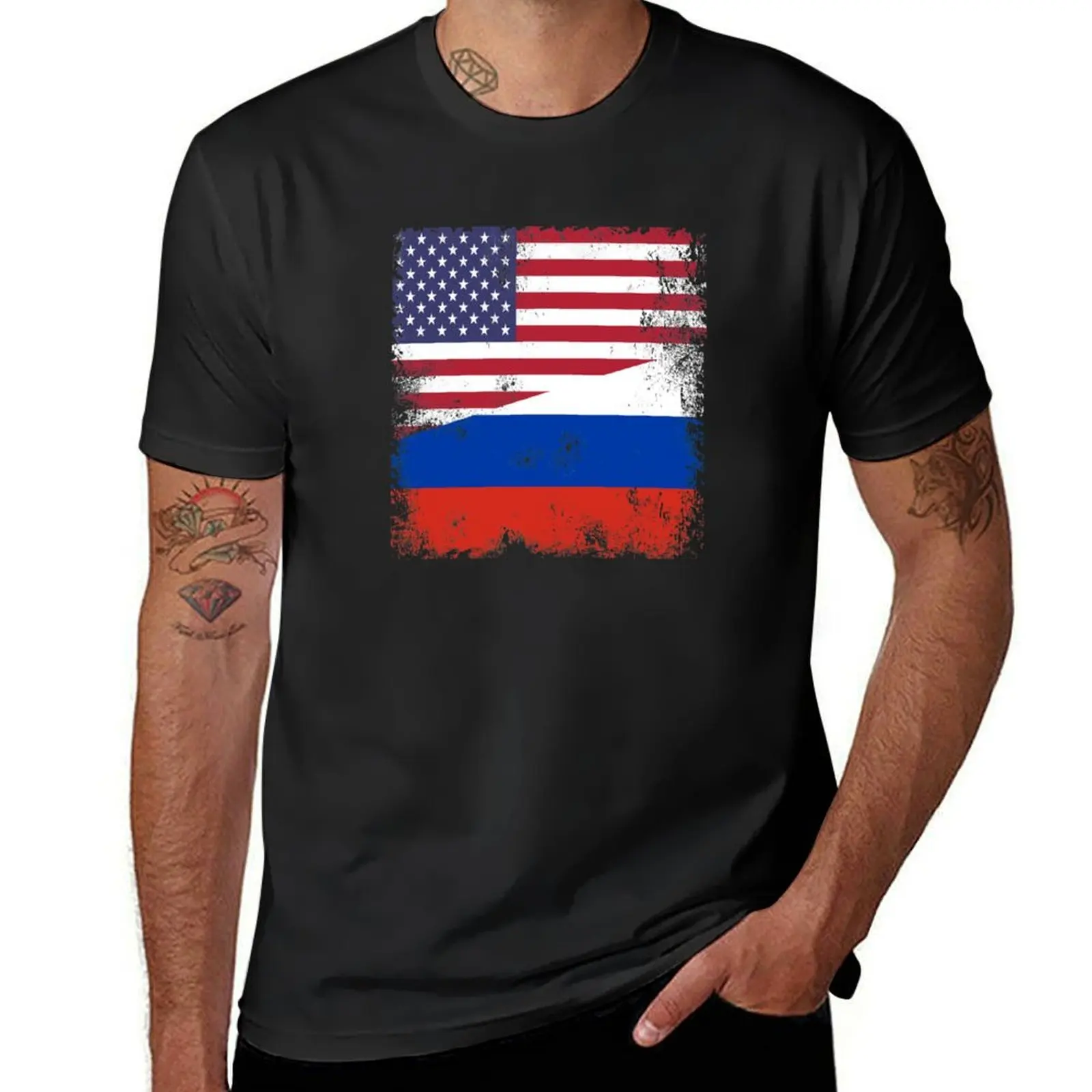 

Half Russian Flag Design Vintage Russia USA Gift T-Shirt oversized animal prinfor boys korean fashion tshirts for men