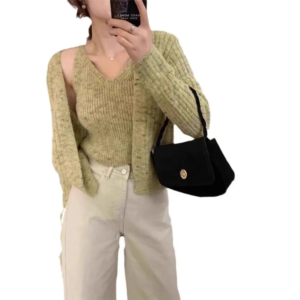 

Women's Slim Fit V Neck Vest Knitted Cardigan Two-Piece Set Pure Desire Short Sweater Outfit for Autumn Winter