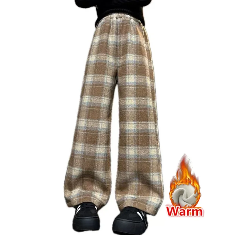 

Luxury Girl Winter Thick Wool Knit Pants For Child Warm Thermal Glutinous Rice Sweatpants Kids Plaid Corduroy Lined Trousers