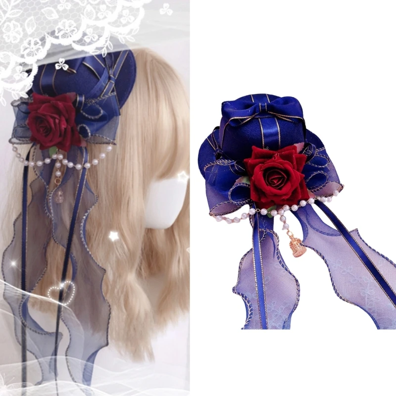 634C Long Ribbon Lace Top Hat Gothic Flower Bowler Hat Day of The Dead Cosplay Party Costume Headpiece for Women Hair Decors